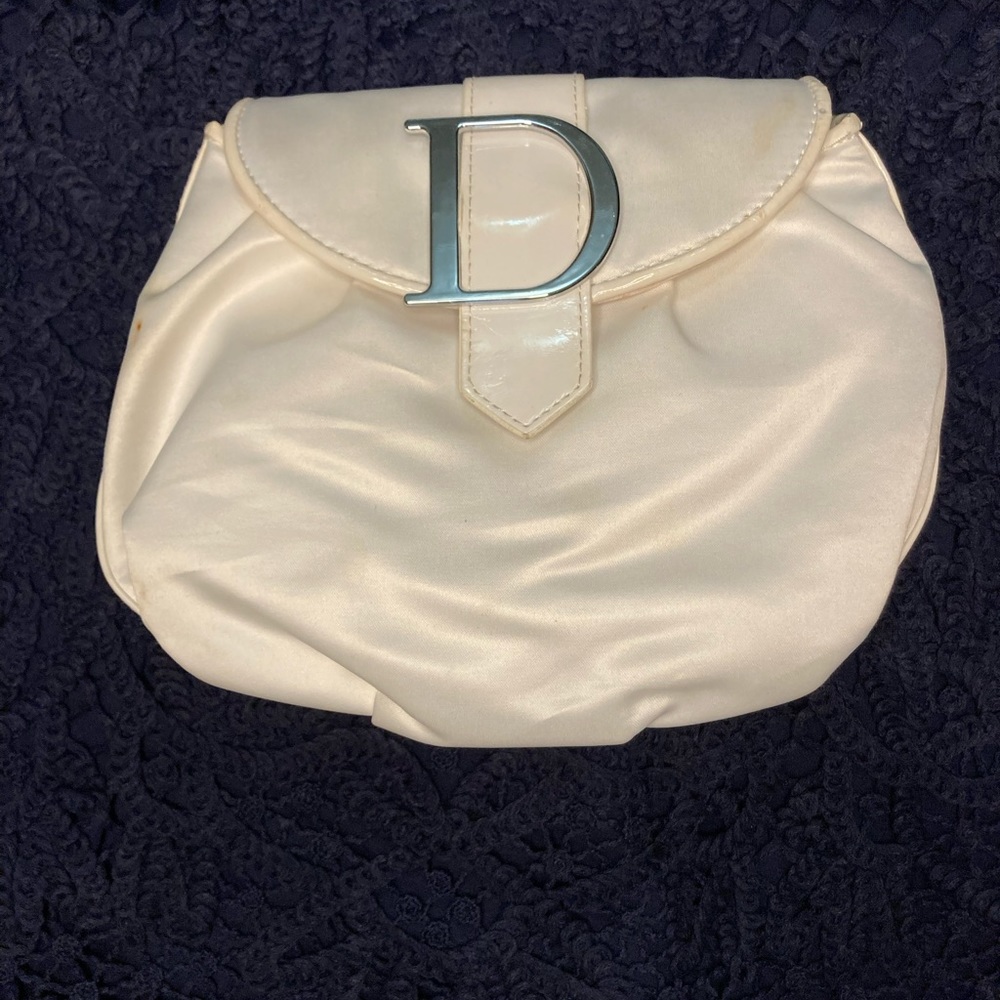 Christian Dior Parfums white satin clutch with silver hardware. WEDDING